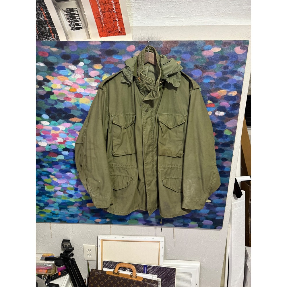 Vintage M-65 Field Jacket Olive Drab Military US Army Coat Hooded Mens Large